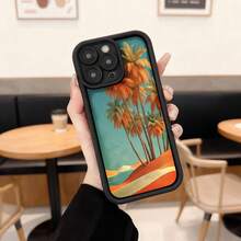Cubierta de teléfono con borde negro diseño de palmeras tropicales en tonos naranja y turquesa para uso diario en cafeterías y viajes Aplicable a los teléfonos de la serie Apple y Galaxy - Café integral - Ver 3