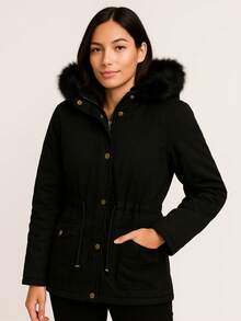 Chamarra de mujer con peluche en capucha y botones, abrigo casual elegante - Negro - Ver 2