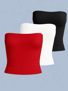 Kit Of 3 Strapless Cropped Tube Tops, Basic Lined Blouses For Women, Premium Blogger Style. - Kit3 Tube Preta Branca Vermelho - View 1