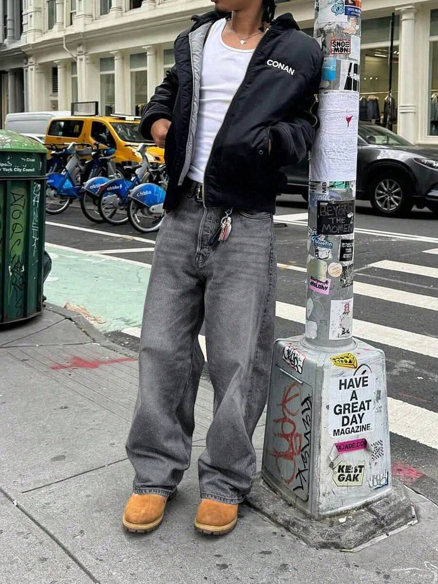 男士宽松水洗牛仔裤，阔腿休闲日常棉质裤，时尚牛仔裤 - 灰色 - 查看 1