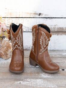 女童复古西部风格刺绣牛仔靴 - 棕色 - 查看 5