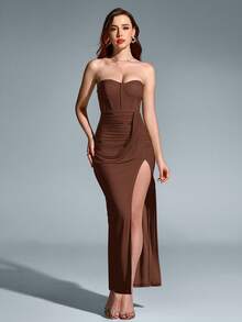 PARTHEA Thigh Split Ruched Mesh Bodycon Dress Wedding - Brown - View 4