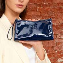 Armani Women's Deep Blue Patent Leather Chain Shoulder Bag, Glossy Clutch With Brand Logo, Elegant And Versatile Light Luxury Style