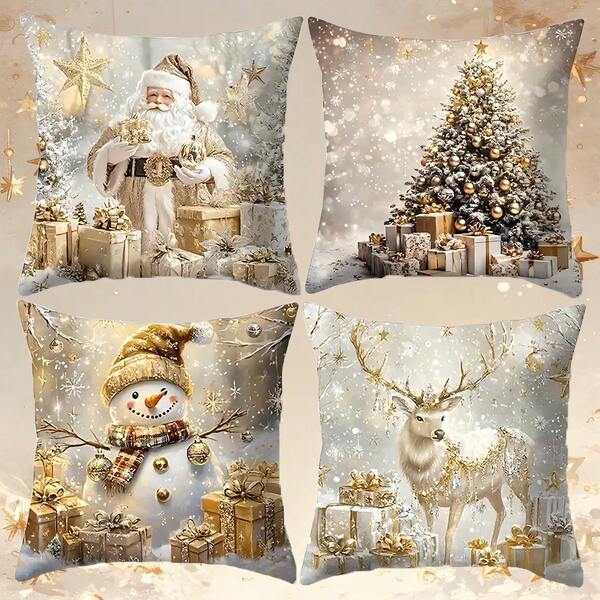 4 sztuki świątecznych, eleganckich, marzycielskich poszewek na poduszki z motywem Świętego Mikołaja, choinki, bałwana, renifera, prezentu, miękkie i wygodne poszewki z poliestru, 45 x 45 cm (17,72 x 17,72 cala), zapięcie na zamek błyskawiczny, można prać w pralce, nadają się do wystroju domu, salonu, sypialni, werandy, ogrodu, na zewnątrz, jako dekoracja na zimowe święta (same poszewki na poduszki – wkładka nie jest dołączona)