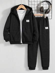 2 pezzi/set Outfit casual da ragazzo con giacca con cappuccio e zip e pantaloni in colore unito, per primavera/autunno - nero - Visualizzare 2