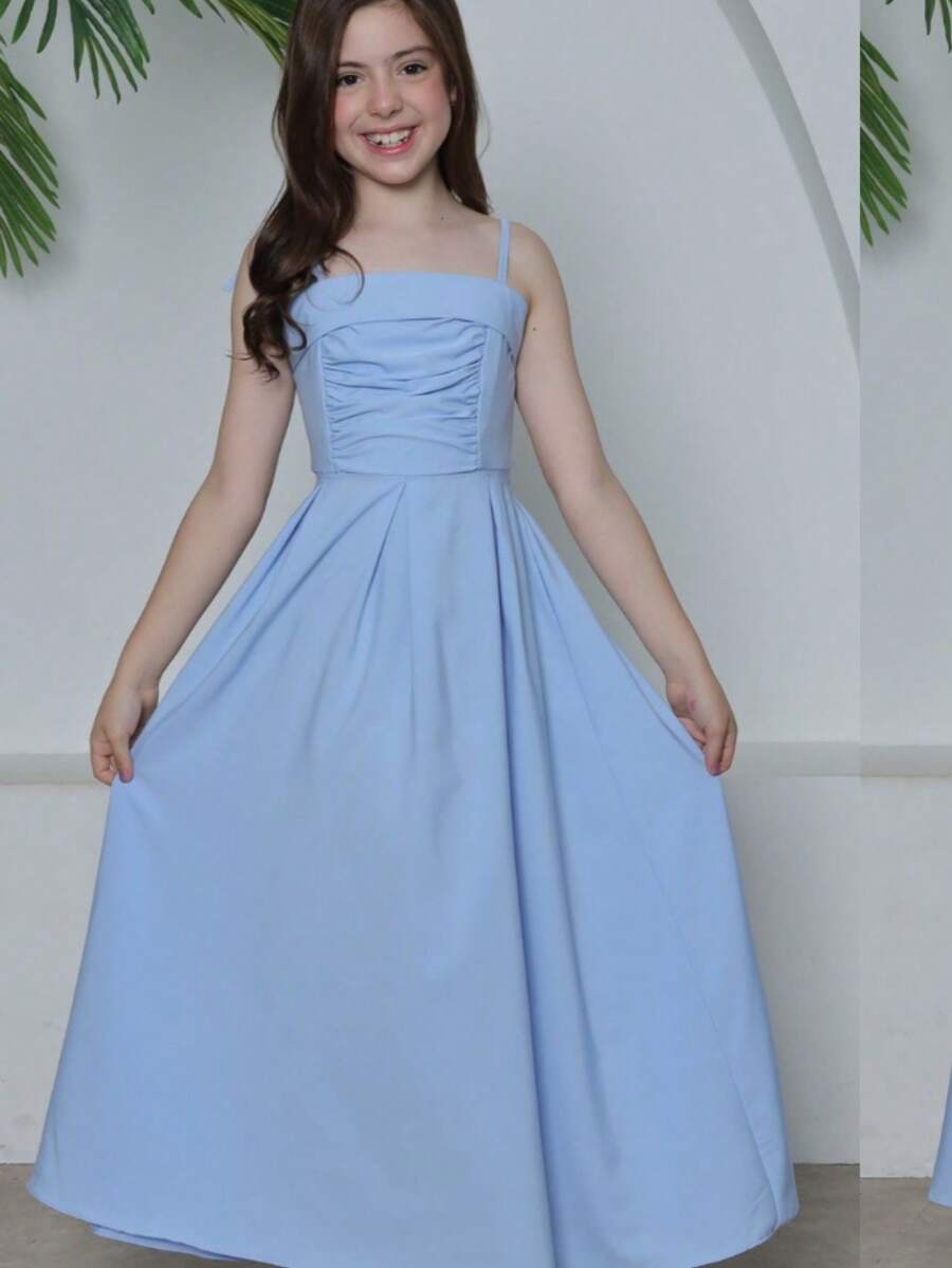 Junior Long Crepe Dress With Bow At The Back - 藍色 - 查看 1