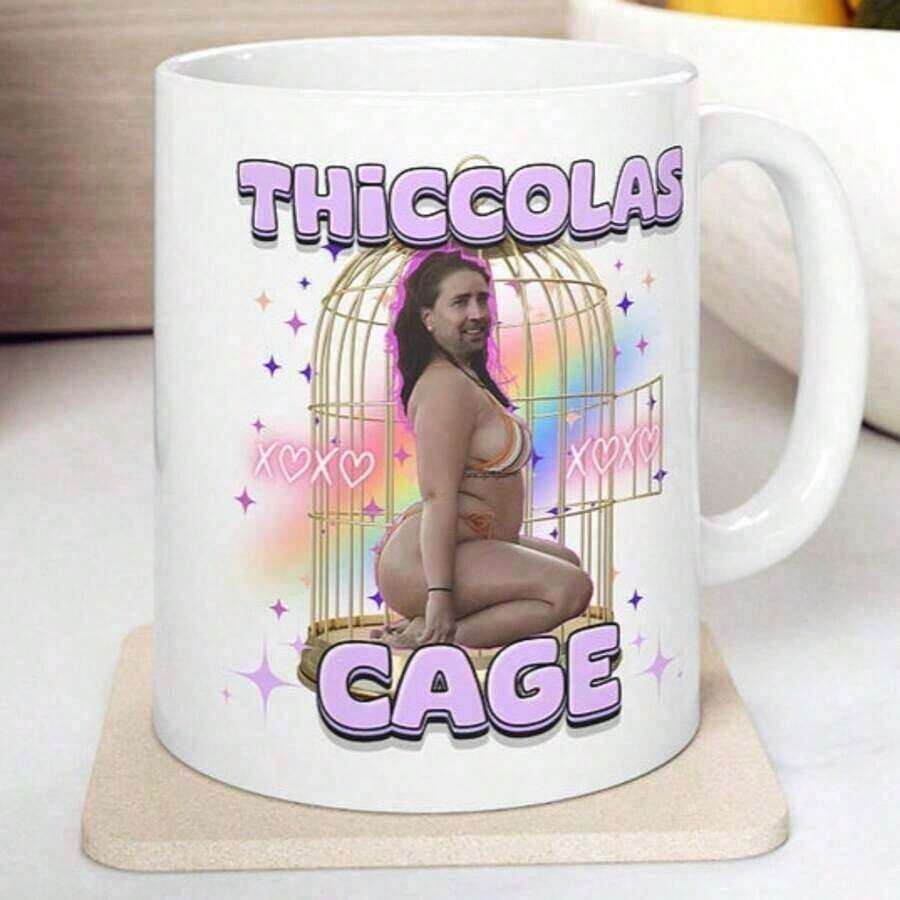 Thiccolas Cage Funny Mug, 11 Oz, Gag Mug Unhinged Inappropriate, Cursed Celebs Celebrities Offensive Raunchy Stupid Mug - 白色 - 查看 1