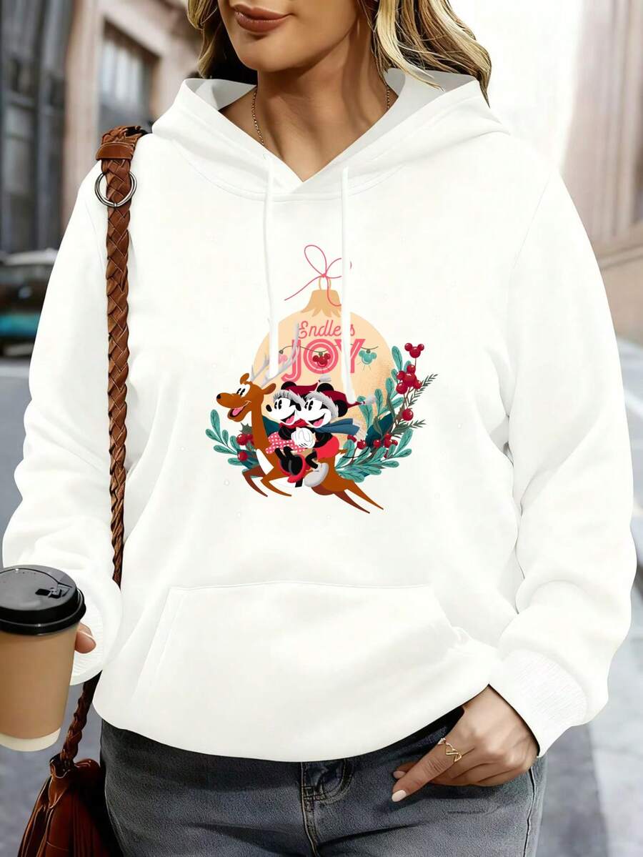 Disney Hoodie White Mickey Mouse Minnie Mouse Christmas Ornament Print With Snuggle Up Text For Holiday Season - 白色 - 查看 1