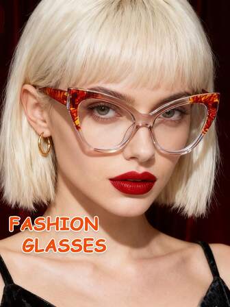 Personalized Cat Eye Large Frame Glasses, PC Frame Contrast Color Print Design, Bohemian Frame, 2 Colors For Men & Women, Fashion Versatile Commuting Glasses