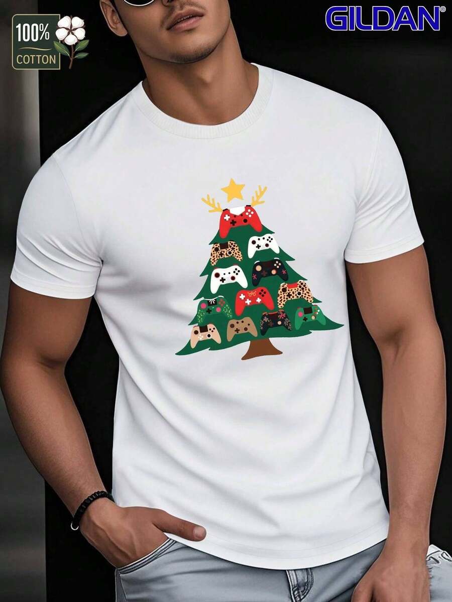 Camiseta Retro de Videojuegos para Hombres GILDAN - Diseño de Mando de Videojuegos y Árbol de los 80s/90s, Manga Corta de Algodón Suave y Transpirable para Uso Casual en Verano, Atuendo para Fiestas Arcade (Lavable a Máquina) - Ropa Nostálgica para Gamers