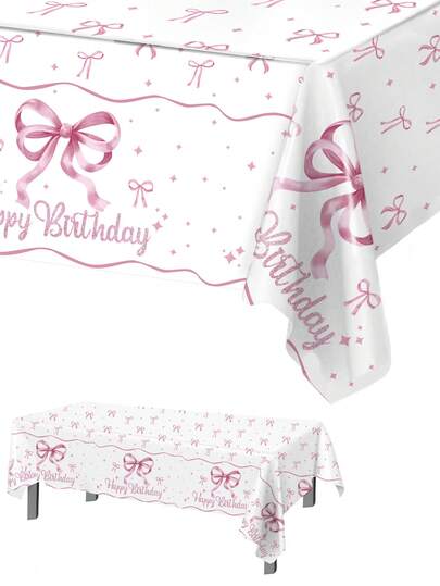 1pc Pink Bow Birthday Tablecloth, Disposable 220*130cm PE Waterproof Tablecloth For Outdoor Camping Picnic, Pink Birthday Decor, Bow Birthday Decor, Pink Bow Birthday Decor, Pink Bow Decor, Bow Party Decor, 1st Birthday Decor, Dining Table Decor, Tabletop Decor