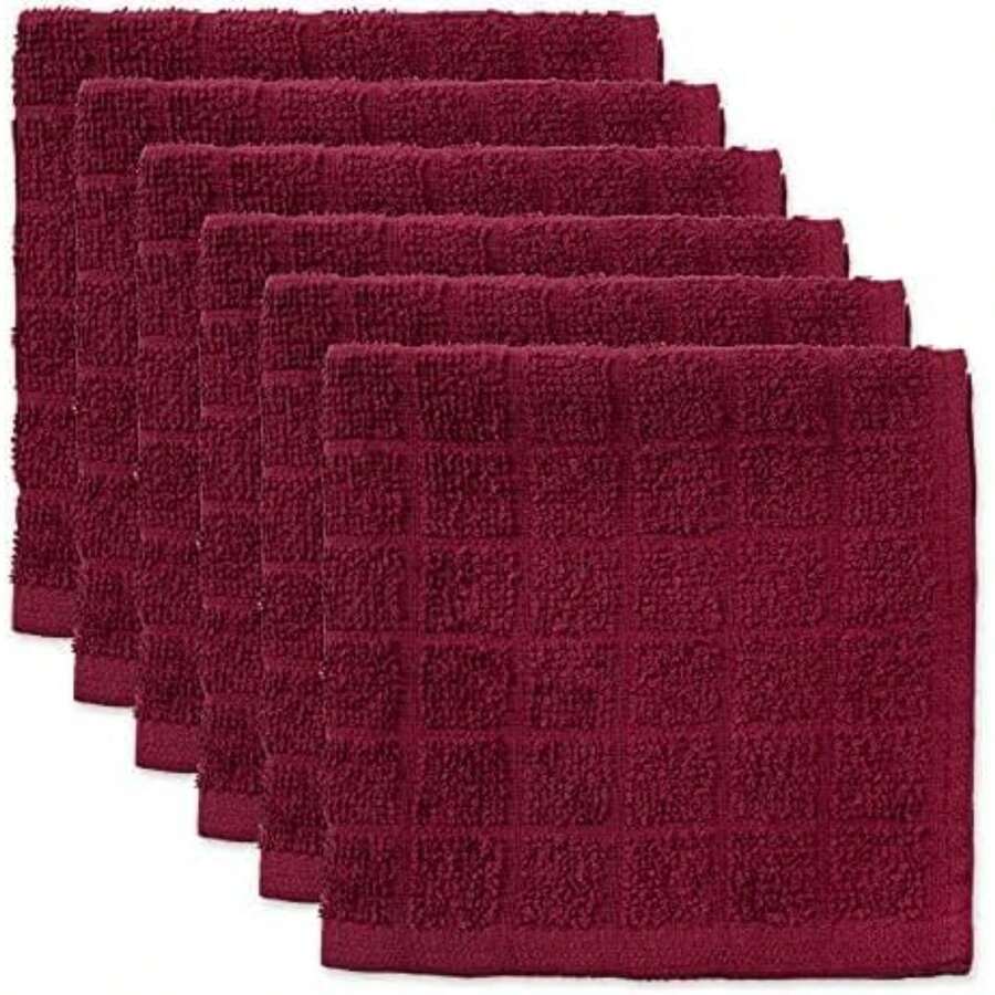 Basic Terry Solid Windowpane Dishcloth Set, 12x12, Red, 6 Piece, 2025 - Wine - View 1