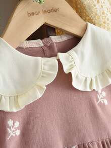 女婴秋季花朵刺绣长袖连衣裙时尚翻领幼儿服装（6个月至3岁） - 粉色 - 查看 3