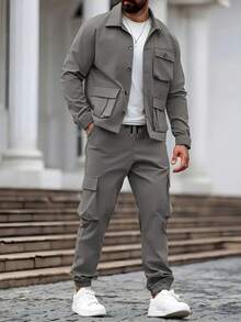 Autumn American วินเทจ เสื้อแจ็คเก็ตผู้ชายทรง Utility น้ำหนักมาก และกางเกง Cargo ชุดทนทาน - สีเทา - ดู 4