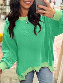 Acelitt Autumn Solid Color Textured Striped Cuffed Long Sleeve Casual Loose Crew Neck T-Shirt