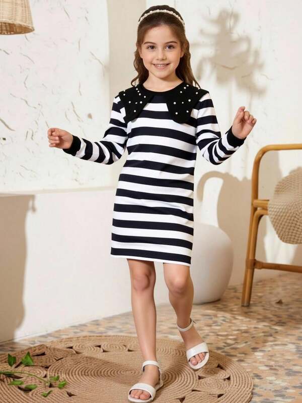 Rochie casual cu dungi și mărgele, pentru fete preadolescente