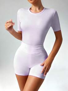 2PCS Women's Simple Solid Color Short Sleeve Shorts Sports Suit - Mauve Purple - View 3