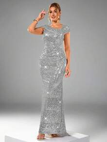 CHOSMO New Sequin Wedding Dress, Fitted High Waist Formal Gown, Elegant Backless Slit Maxi Dress - Silver - View 5