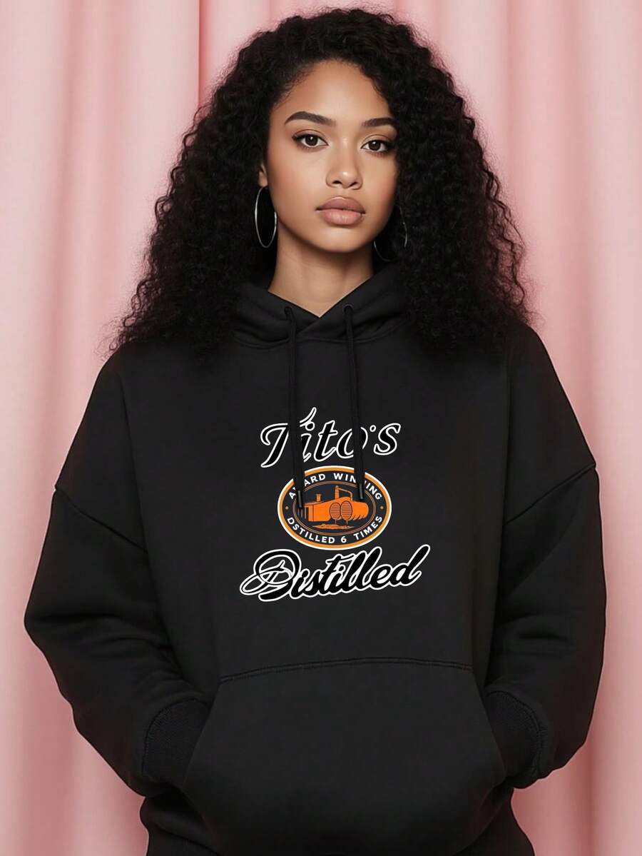 Womens Fashion Oversized Hoodies Sweatshirts Black White Options, Fall Casual Pullover Sweaters Winter Clothes, Tito's Distilled Hard Vodka Logo Funny Graphic Letter Print Plus Size Hoodie Unisex Hoodies Long Sleeve Pocket Pullover, Holiday Gift For Women - Black - View 1