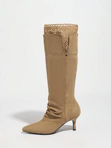 Fall/Winter Vintage Distressed Suede Pointed Toe Lace Patchwork Thigh High Fashion Boots For Women, New Autumn Pleated Versatile Riding Boots,Kitten Heels - Khaki - View 4