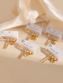 Set de 3 pares de pendientes de acero inoxidable con flecos y circonita cúbica dorada, pendientes de mujer con diseño de flor y corazón brillantes, adecuados para uso diario, banquetes, bodas y fiestas