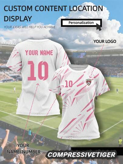 Customized Women's Short-Sleeved Soccer Jerseys: Printed With Your Number And Design, Featuring A Stylish White And Pink Pattern, These Jerseys Are The Perfect Choice For Female Soccer Enthusiasts To Create A Unique On-Field Look, And Also An Ideal Gift For Halloween, Thanksgiving, Christmas, And New Year's.