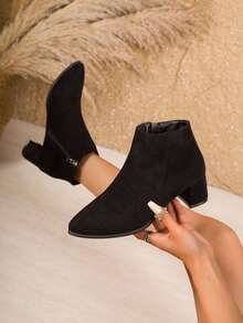 2025冬季新款女鞋黑色时尚尖头踝靴侧拉链卡其色高跟鞋 - 黑色 - 查看 2