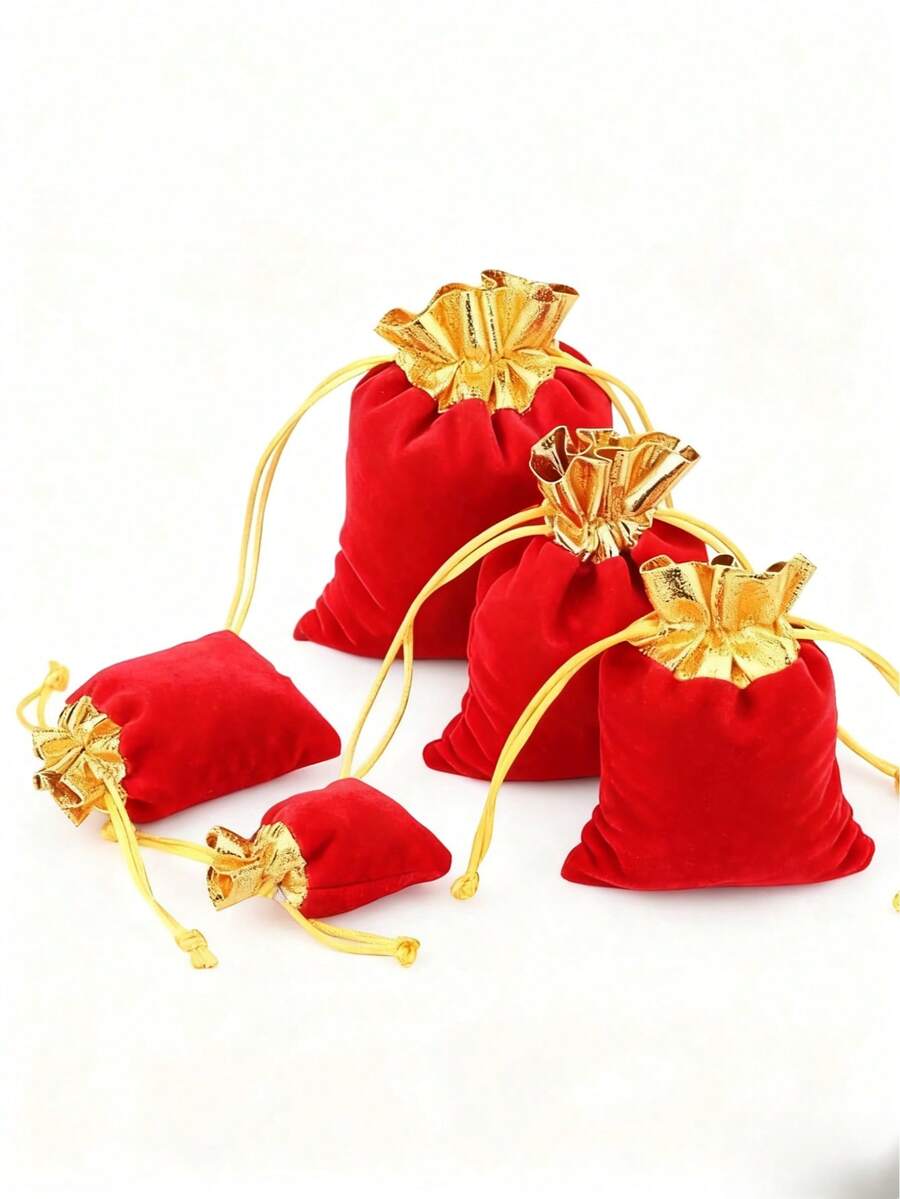 5pcs/10pcs/20pcs Drawstring Gift Bags - Elegant Jewelry, Candy Storage Bags For Weddings, Birthdays And Special Events, Luxury Design - Solid Color - With Drawstring - Velvet Pouch - Velvet Accessory Bags - High Quality Cord Drawstring Bags - Jewelry, Earrings, Necklace Storage Options - Shiny Texture, Secure Closure - Christmas Tree Small Gift Hanging Bags - Wedding Favor Bags - Chinese New Year Gift Bags - Multipurpose Bags With Gold Trim - Red - View 1