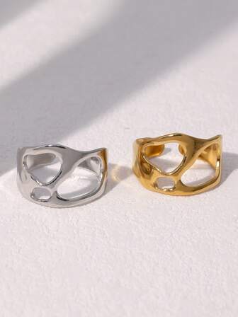 1pc Fashionable Minimalist INS Unique High-End Plated Stainless Steel Hollow Asymmetrical Ring, Suitable For Women's Daily, Party, And Date Wear