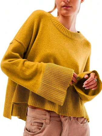 秋冬大码纯色圆领长袖毛衣