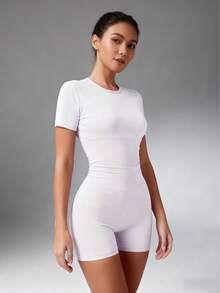 2PCS Women's Simple Solid Color Short Sleeve Shorts Sports Suit - Mauve Purple - View 6