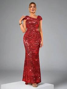 CHOSMO 新款亮片婚纱，修身高腰正式礼服，优雅露背开衩长裙，春季派对礼服 - 紅色 - 查看 3