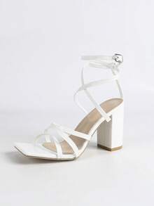 Women's White Sexy High Heel Shoes, Square Toe Ankle Strap Chunky Heel Open Toe Sandals, Comfortable And Versatile For Daily Wear And Commuting