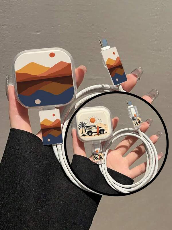 3-In-1 Set: 18/20W Charger Protective Case, Charging Cable Head Protector, Painting Mountain Moon Reflection/Sunshine Off-Road Pattern Compatible With IPhone