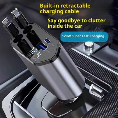 120W 4-In-1 Retractable Car Charger, Fast Charging Adapter With Extendable Cable, Multi-Function Cigarette Lighter Converter, Compatible With Various Smart Devices