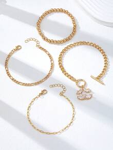 Zestaw 4 bransoletek z łańcuszkami w kolorze złotym dla kobiet, minimalistyczna, składana bransoletka z koralików CCB z zawieszką z cyrkonii, modna biżuteria do noszenia na co dzień