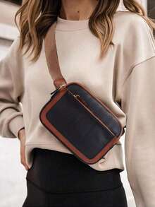 可调节肩带仿皮腰包，撞色设计，防水，多口袋，多功能运动斜挎包，女士 - 棕色 - 查看 8