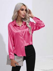 Solid Color Satin Imitation Silk Shirt For Women - Long Sleeve, All-Season New Design - Màu Hồng Tươi - Xem 1