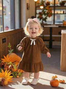 Baby Girls' Solid Color Corduroy Dress, Casual Minimalist Cute Style, Suitable For Daily Wear, Parties, Outings And Photo Shoots, Autumn/Winter
