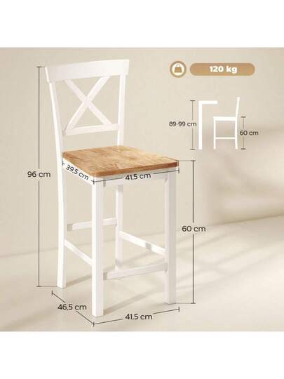 HOMCOM Set Of Bar Stools Backrest Footrest, Rubberwood, Kitchen, Dining Room, Bar, Oak+White view 5