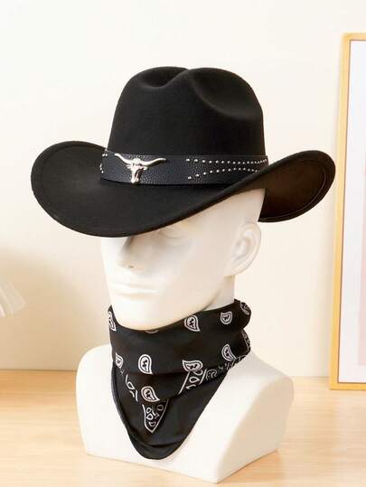 1 Set Unisex Cowboy Hat With Bull Horn Decor + 1 Cashew Pattern Scarf Fashion Outfit, Suitable For Horse Riding, Rodeo, Music Festivals, Bars/Parties, Gifts And Daily Use