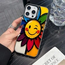 Colorful Silver Apple Phone CaseColorful Flower With A Happy Winking  FaceCompatible With  11 To  17 Models The Cases Lens Protection Function Ensures The Camera Remains Undamaged During Shooting  Guaranteeing Image Quality - 黑色 - 查看 1