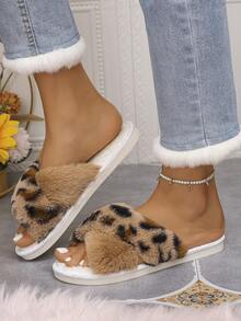 女士豹纹仿毛皮柔软交叉绑带拖鞋，露趾，薄底，休闲室内家居拖鞋，秋冬款 - 棕豹紋拼棕色 - 查看 5