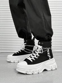 SLnU3 Ghete de motocicletă SLNU★3 pentru bărbați, la modă, cu talpă groasă, ridicate, accesorii decorative cu lanț de craniu, stil gotic casual punk street preppy, inele metalice versatile, fermoar lateral cu șireturi, design simplu, potrivite pentru exterior, toate anotimpurile - Alb-negru - Vizualizare 5