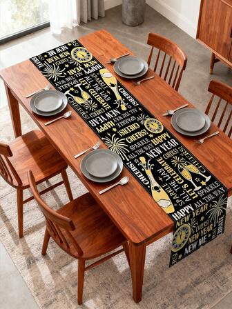 1 pieza Camino de mesa con tema de Año Nuevo negro y dorado, de 11.8*70.8 pulgadas, con combinación de elementos como texto, reloj, fuegos artificiales, copa de vino y botella de vino, decoración rectangular duradera de poliéster para mesa, sin necesidad de electricidad, decoración para fiesta de invierno, decoración de mesa para el hogar, eventos interiores y exteriores, decoración con tema de Feliz Año Nuevo