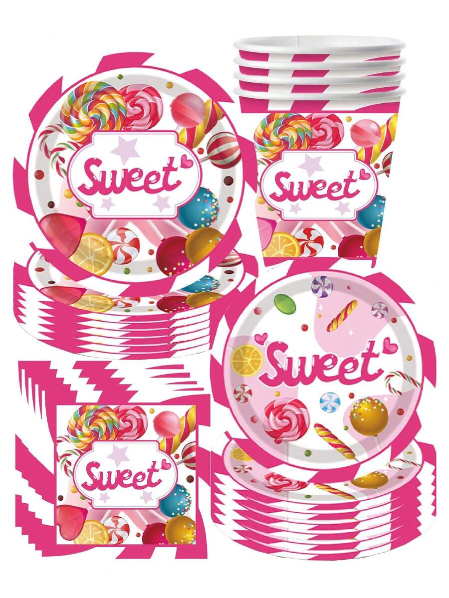 10件套糖果蛋糕饼干主题派对纸盘套装，一次性生日纸盘、纸杯、纸巾，生日派对用品，露营，茶话会，宴会，婚礼用品，柠檬棒棒糖 - 彩色 - 查看 1