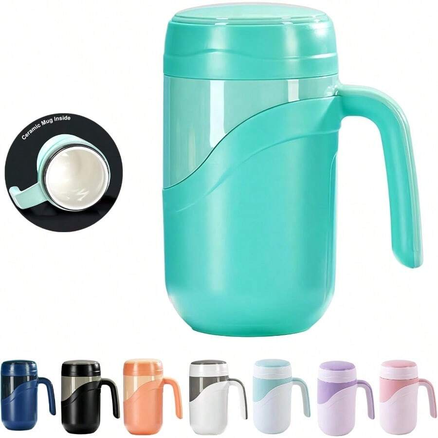 Ceramic Travel Mug 12oz 350ml Ceramic Liner Insulated Mug With Leak Proof Lid And Handle Perfect For Coffee Or Tea Suitable For Using At Home Office Or School Green - Green - View 1