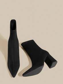 2025秋冬新款尖头粗跟踝靴，女款高跟鞋，修身靴，配弹力袜，牛仔靴 - 黑色 - 查看 4