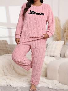 2025 Women's Plus Size Winter Fleece Crew Neck Letter Pattern Long-Sleeved Top And Pants Loose Casual Home Wear Simple And Versatile Fluffy Two Pieces Set - Pink - View 4