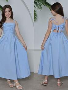Junior Long Crepe Dress With Bow At The Back - 藍色 - 查看 2